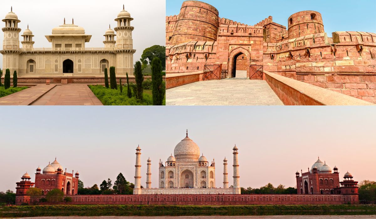 A collage of Agra’s top attractions featuring the Baby Taj (Itimad-ud-Daulah), Agra Fort entrance, and a wide view of the Taj Mahal from across the Yamuna River during sunset.