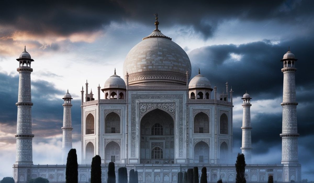Taj Mahal viewed under dramatic cloudy sky, often linked with the Black Taj Mahal legend and historical myth surrounding a proposed twin mausoleum across the Yamuna River.