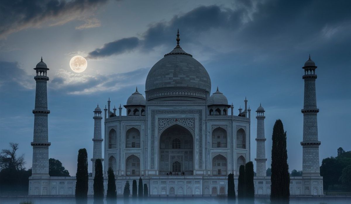 Taj Mahal at night under a full moon, with soft shadows and mist, a view often associated with the Black Taj Mahal legend and the myth of a mirrored mausoleum across the Yamuna.