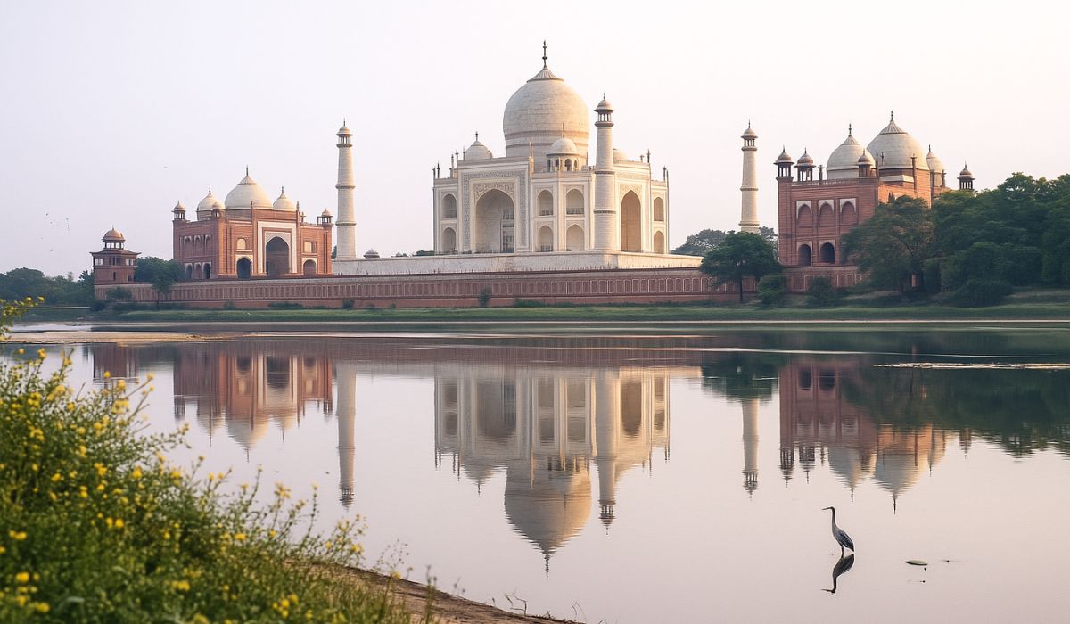 Wide-angle garden view of the Taj Mahal with tourists walking along the pathways during an Agra tour