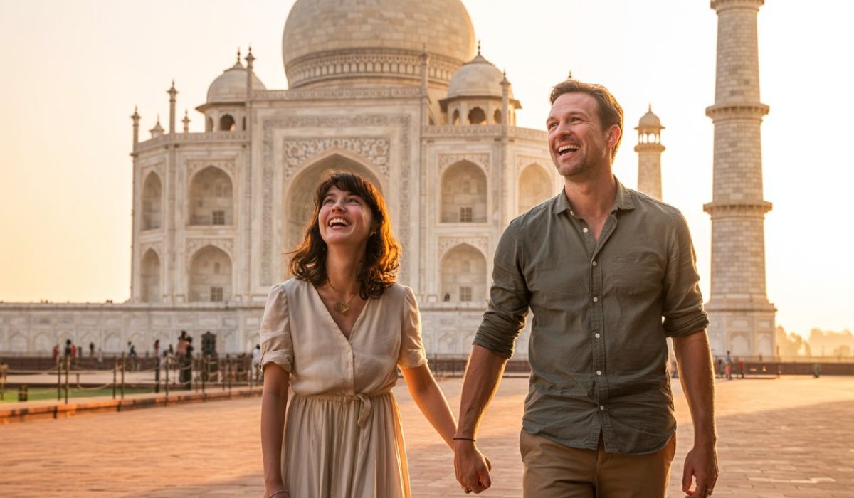 Happy foreign couple exploring the Taj Mahal during a sunrise Delhi to Agra trip