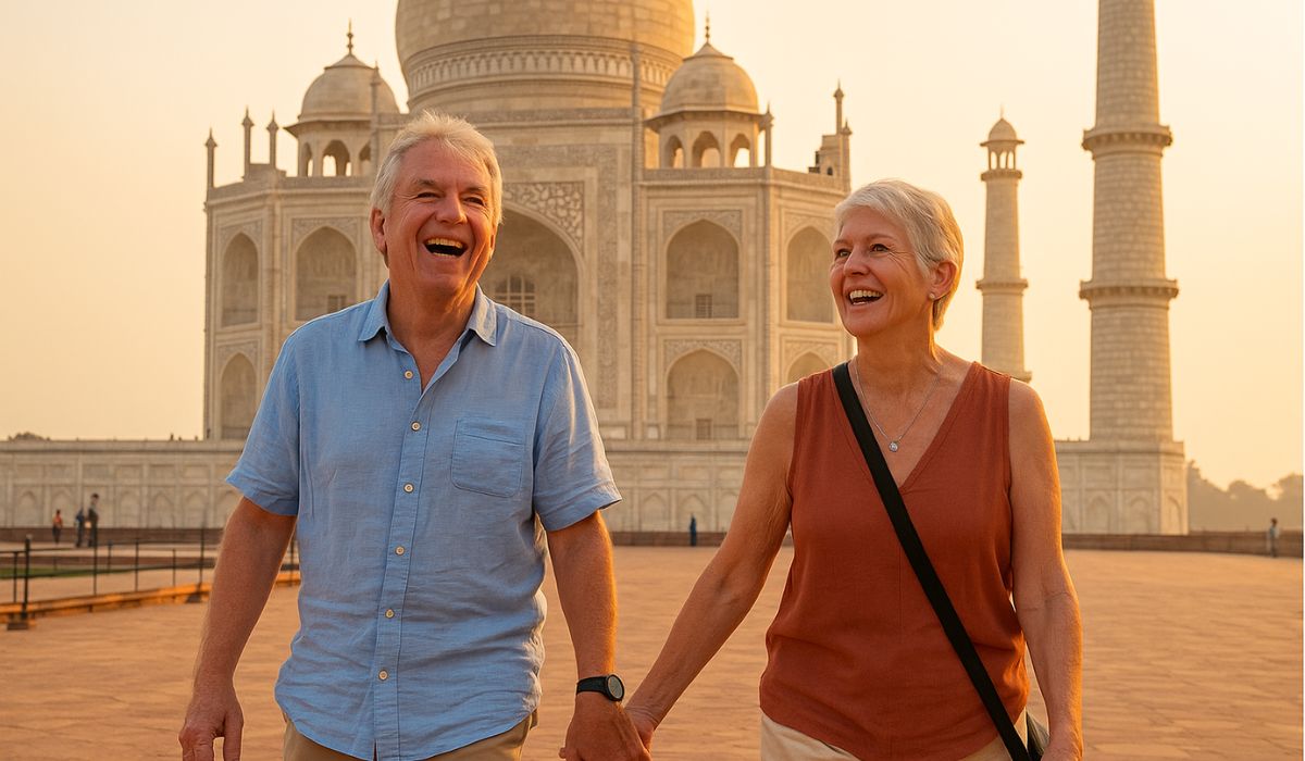 Senior foreign couple enjoying a sunrise visit to the Taj Mahal during a Delhi to Agra day trip